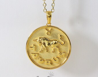 10k / 14k Solid Gold Taurus Zodiac Pendant / Horoscope Sign Medallion/ Taurus Coin Pendant, sold without chain.