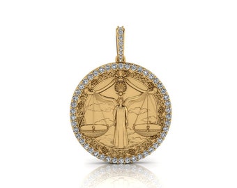 Libra Zodiac Coin Necklace/ Libra Horoscope Medallion/Unique Libra Round Pendant with Natural Diamonds 14K Solid Gold, Sold Without Chain