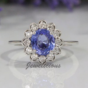 Unique Design 1.69 ct Natural Diamonds and Tanzanite Halo Cocktail Ring in 14K White Gold, Engagement - Anniversary -Birthday Gift