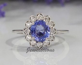 Unique Design 1.69 ct Natural Diamonds and Tanzanite Halo Cocktail Ring in 14K White Gold, Engagement - Anniversary -Birthday Gift