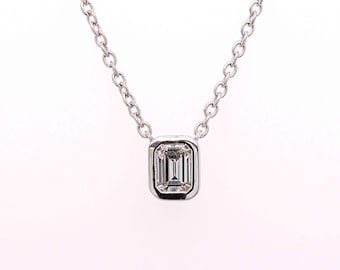 Gorgeous 0.38 CT Natural Emerald Diamond Bezel Solitaire Pendant on 14k White Gold Chain, Birthday - Anniversary - Christmas Gift