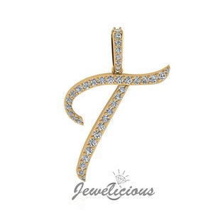 Pingente com inicial de diamante - Pingente com letra inicial T personalizado - Diamantes naturais - Disponível em ouro maciço 10K e 14K em todas as cores douradas - Estilo 1