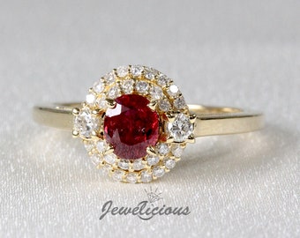 Unique Stunning Natural Oval Ruby and Diamonds Double Halo Luxury Ring in 14K Yellow Gold, Engagement - Anniversary -Birthday Gift