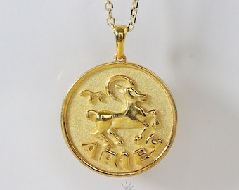 10k / 14k Solid Gold Aries Zodiac Pendant / Horoscope Sign Medallion/ Aries Coin Pendant, sold without chain.