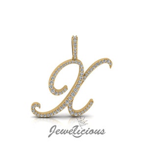 Pingente com inicial de diamante - Pingente com letra inicial X personalizado - Diamantes naturais - Disponível em ouro maciço 10K e 14K em todas as cores douradas - Estilo 1