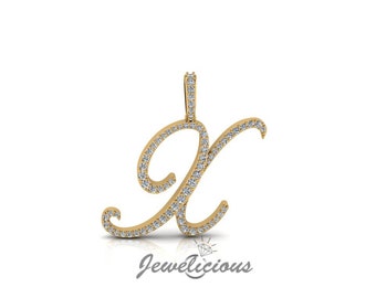 Diamond Initial Pendant - Custom X Initial Letter Pendant - Natural Diamonds - Available in 10K and 14K Solid Gold all gold colors - Style 1