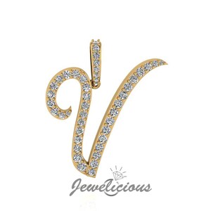 Pingente com inicial de diamante - Pingente com letra inicial em V personalizado - Diamantes naturais - Disponível em ouro maciço 10K e 14K em todas as cores douradas - Estilo 3