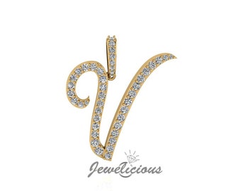 Diamond Initial Pendant - Custom V Initial Letter Pendant - Natural Diamonds - Available in 10K and 14K Solid Gold all gold colors - Style 3