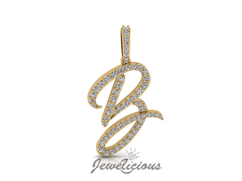 Diamond Initial Pendant - Custom B Initial Letter Pendant - Natural Diamonds - Available in 10K and 14K Solid Gold all gold colors - Style 4