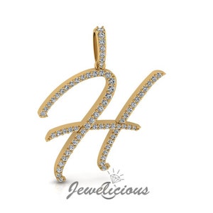 Pingente com inicial de diamante - Pingente com letra inicial H personalizado - Diamantes naturais - Disponível em ouro maciço 10K e 14K em todas as cores douradas - Estilo 4