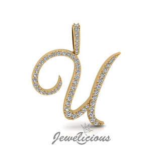 Pingente com inicial de diamante - Pingente com letra inicial em U personalizado - Diamantes naturais - Disponível em ouro maciço 10K e 14K em todas as cores douradas - Estilo 2