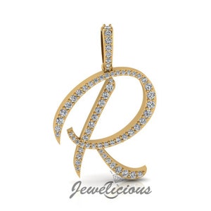 Pingente com inicial de diamante - Pingente com letra inicial R personalizado - Diamantes naturais - Disponível em ouro maciço 10K e 14K em todas as cores douradas - Estilo 3