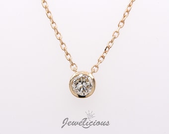 Gorgeous 0.40 CT Natural Round Diamond Bezel Solitaire Pendant on 14k Yellow Gold Chain, Birthday - Anniversary - Christmas Gift