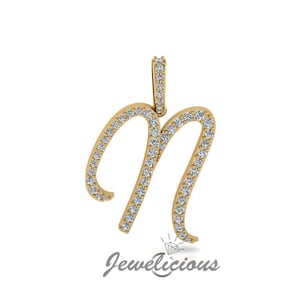 Pingente com inicial de diamante - Pingente com letra inicial N personalizado - Diamantes naturais - Disponível em ouro maciço 10K e 14K em todas as cores douradas - Estilo 3