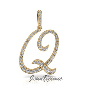 Pingente com inicial de diamante - Pingente com letra inicial Q personalizado - Diamantes naturais - Disponível em ouro maciço 10K e 14K em todas as cores douradas - Estilo 5