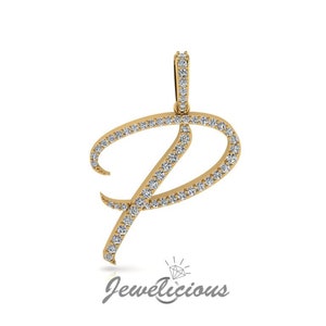 Pingente com inicial de diamante - Pingente com letra inicial P personalizado - Diamantes naturais - Disponível em ouro maciço 10K e 14K em todas as cores douradas - Estilo 5