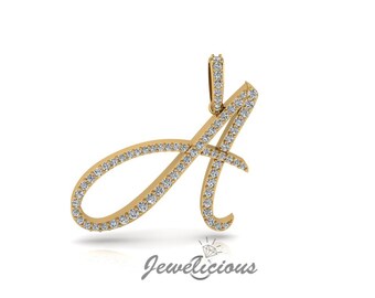 Diamond Initial Pendant - Custom A Initial Letter Pendant - Natural Diamonds - Available in 10K and 14K Solid Gold all gold colors - Style 4