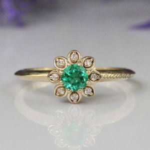 Unique Design Natural Round Green Emerald & Diamonds Dainty Flower Ring in 14K Yellow Gold.