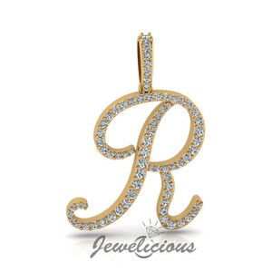 Pingente com inicial de diamante - Pingente com letra inicial R personalizado - Diamantes naturais - Disponível em ouro maciço 10K e 14K em todas as cores douradas - Estilo 2