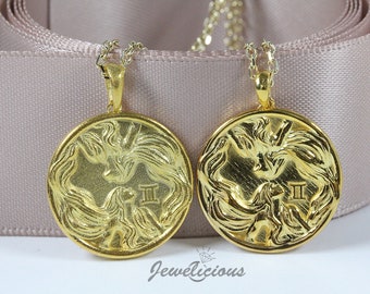 10k or 14k Solid Gold Gemini Zodiac Pendant / Gemini Horoscope Sign Medallion / Gemini Round Coin Pendant sold without chain.