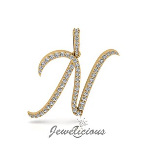 Pingente com inicial de diamante - Pingente com letra inicial N personalizado - Diamantes naturais - Disponível em ouro maciço 10K e 14K em todas as cores douradas - Estilo 1