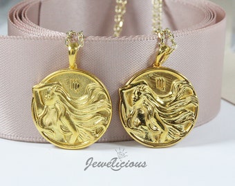 10k or 14k solid gold Virgo Zodiac Pendant / Virgo Horoscope Sign Medallion / Virgo Round Pendant sold without chain.