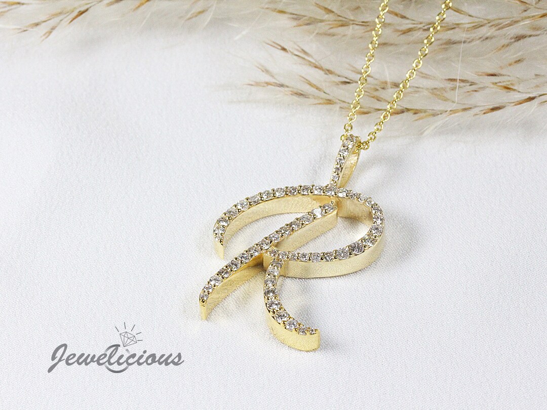 R Initial Letter Pendant - Natural Diamonds - Solid 10K Yellow Gold ...