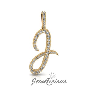 Pingente com inicial de diamante - Pingente com letra inicial J personalizado - Diamantes naturais - Disponível em ouro maciço 10K e 14K em todas as cores douradas - Estilo 3