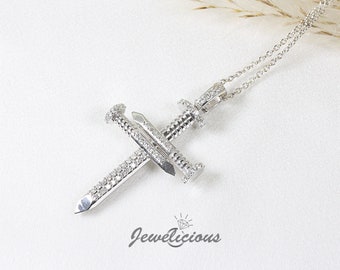 New 10K White Gold Natural Round Diamonds Pave Set Large Nail Cross Pendant Without Chain