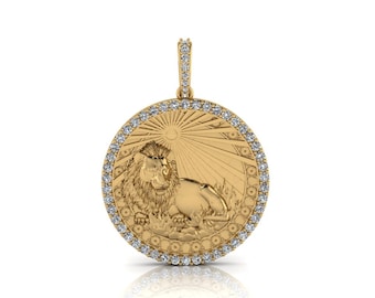 Leo Zodiac Coin Necklace/ Leo Horoscope Medallion/Unique Leo Round Pendant with Natural Diamonds 14K Solid Gold, Sold Without Chain