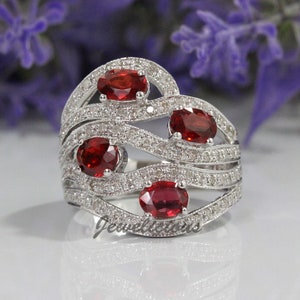 Stunning 3 ct Natural Diamonds and Oval Red Ruby Waves Lines Luxury Cocktail Ring in 14K White Gold, Anniversary - Birthday Gift.