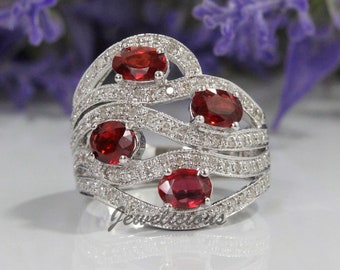 Stunning 3 ct Natural Diamonds and Oval Red Ruby Waves Lines Luxury Cocktail Ring in 14K White Gold, Anniversary - Birthday Gift.