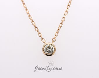 Gorgeous 0.15 CT Natural Round Diamond Bezel Solitaire Pendant on 14k Yellow Gold Chain, Birthday - Anniversary - Christmas Gift