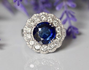 Dazzling 4.6ct Blue Sapphire & 1.55ct Natural Diamonds 18K White Gold Flower Luxury Ring, Engagement/Cocktail