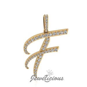 Pingente com inicial de diamante - Pingente com letra inicial F personalizado - Diamantes naturais - Disponível em ouro maciço 10K e 14K em todas as cores douradas - Estilo 1