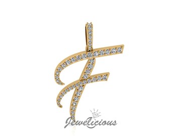 Diamond Initial Pendant - Custom F Initial Letter Pendant - Natural Diamonds - Available in 10K and 14K Solid Gold all gold colors - Style 1