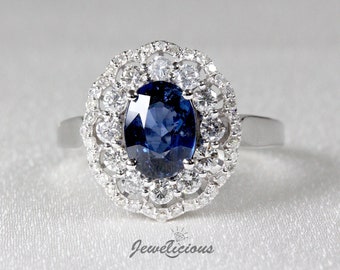 Fabulous 2.27 TCW Natural Diamonds and Certified Oval Sapphire Double Halo Ring in 14K White Gold, Engagement - Anniversary -Birthday Gift