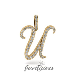 Pingente com inicial de diamante - Pingente com letra inicial em U personalizado - Diamantes naturais - Disponível em ouro maciço 10K e 14K em todas as cores douradas - Estilo 3