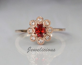 Unique Design Natural Oval Red Ruby & Diamonds Dainty Flower Ring in 14K Rose Gold, Stackable Ring, Birthday Gift.