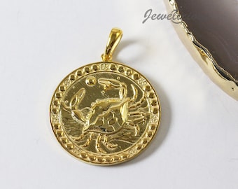 14k Solid Gold Cancer Zodiac Coin Pendant - Cancer Horoscope Medallion - 10k or 14K Solid Gold