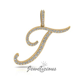 Pingente com inicial de diamante - Pingente com letra inicial T personalizado - Diamantes naturais - Disponível em ouro maciço 10K e 14K em todas as cores douradas - Estilo 2
