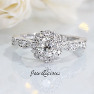 Fabulous Natural Round Diamonds G/VS Center 1.18ct TDW Old European Cut Filigree Flower Halo Engagement Ring in 14K White Gold