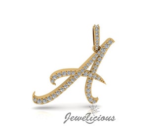 Diamond Initial Pendant - Custom A Initial Letter Pendant - Natural Diamonds - Available in 10K and 14K Solid Gold all gold colors - Style 3