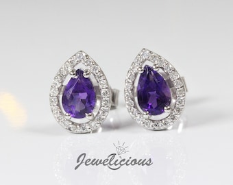 Natural Amethyst and Diamonds Pear Shape Halo Stud Earrings in 14K White Gold, Perfect Gift for Birthday - Valentine's - Anniversary