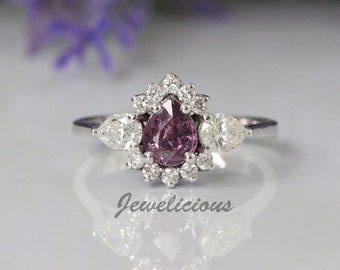 Fabulous 1.5 ct Natural Diamonds and Purplish Pink Sapphire Unique Cocktail Ring in 14K White Gold, Engagement - Anniversary -Birthday Gift