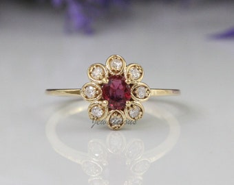 Unique Design Natural Oval Red Ruby & Diamonds Dainty Flower Ring in 14K Yellow Gold, Stackable Ring, Birthday Gift.
