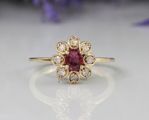 Unique Design Natural Oval Red Ruby & Diamonds Dainty Flower Ring in 14K Yellow Gold, Stackable Ring, Birthday Gift.