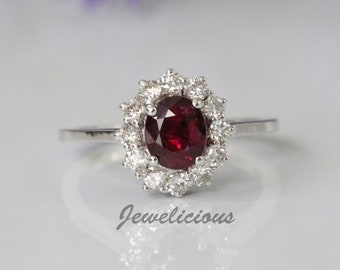 Fabulous 1.54 ct Certified Untreated Natural Ruby and Diamonds Halo Cocktail Ring in 14K White Gold, Engagement - Anniversary -Birthday Gift