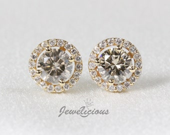 Natural Champagne Round Diamonds 10 mm Round Halo Stud Earrings in 14K Yellow Gold, Perfect Gift for Birthday - Valentine's - Anniversary