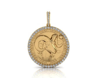 Aries Zodiac Coin Necklace/ Aries Horoscope Medallion/Unique Aries Round Pendant with Natural Diamonds 14K Solid Gold, Sold Without Chain